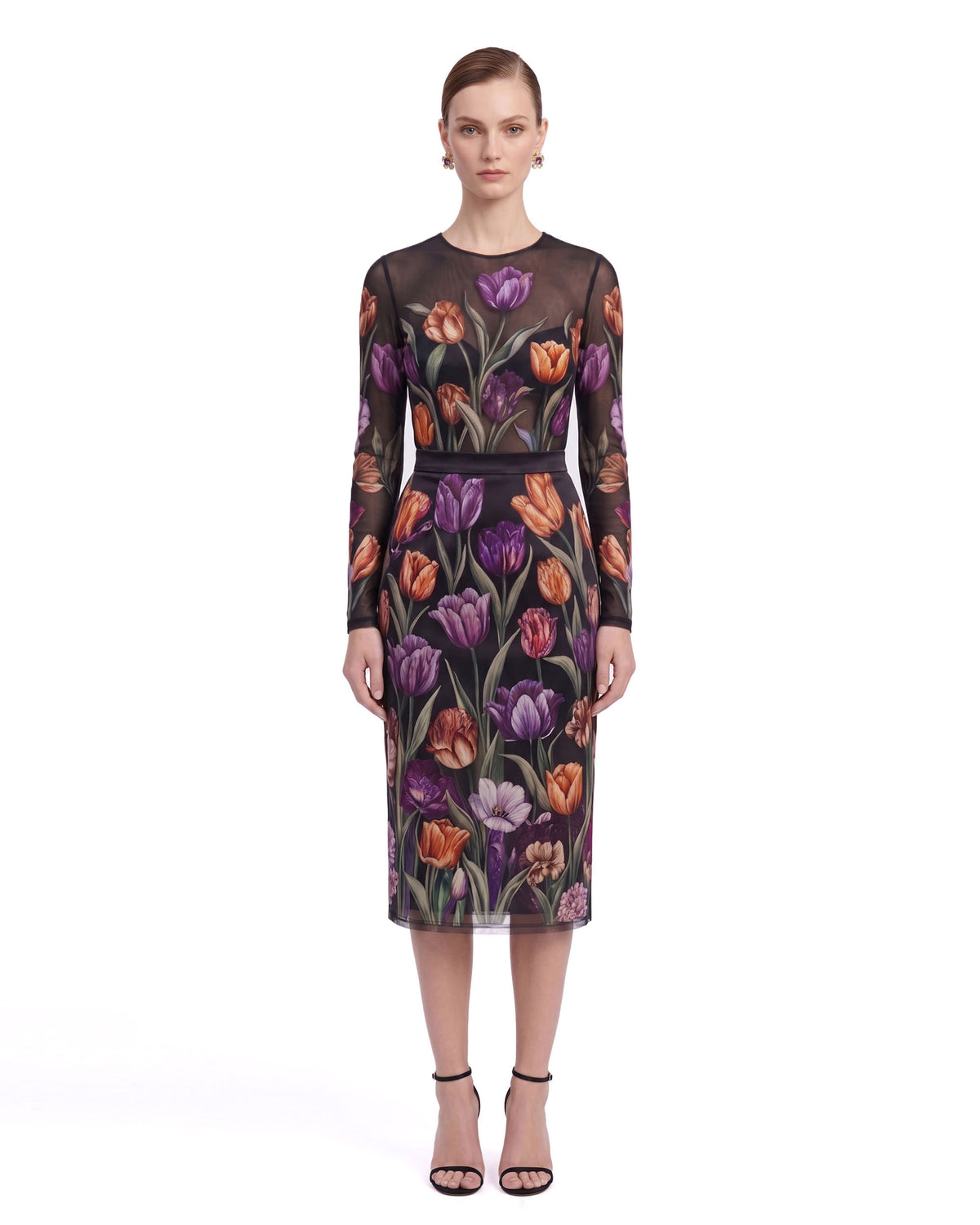 Tulip Print High-Waisted Midi Skirt - Black