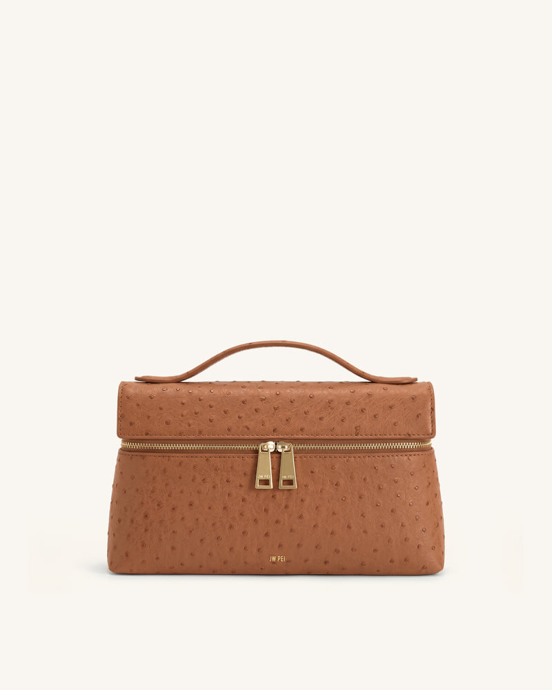Thea Faux Ostrich Top Handle Bag - Red Brown
