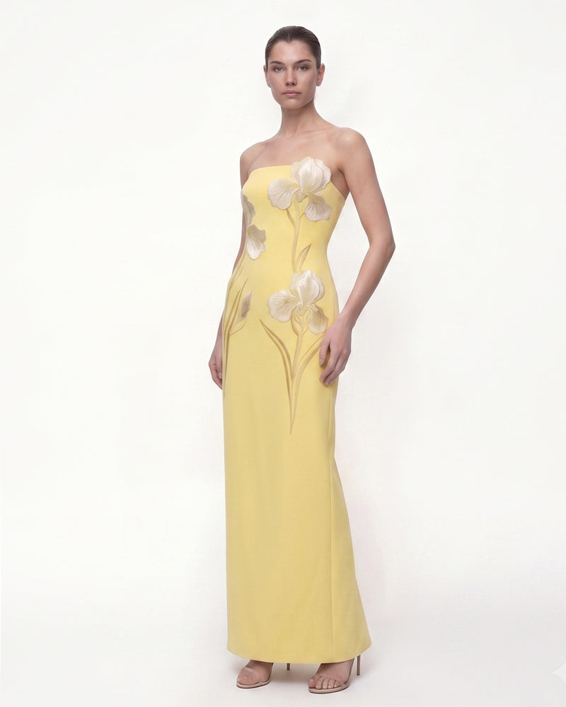 Iris Embroidered Strapless Maxi Dress - Light Yellow