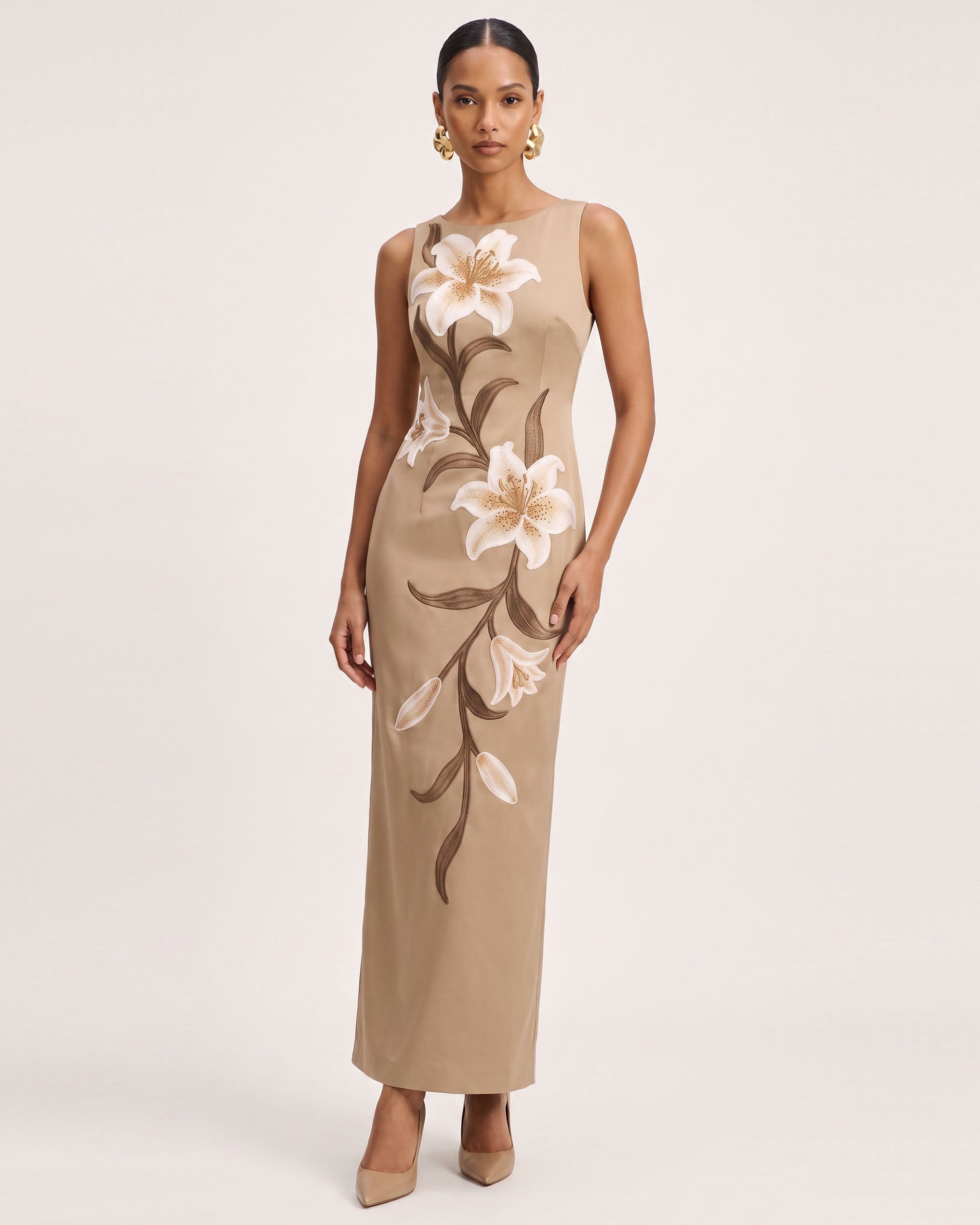 Lily Floral Print Sleeveless Column Maxi Dress - Mocha Brown