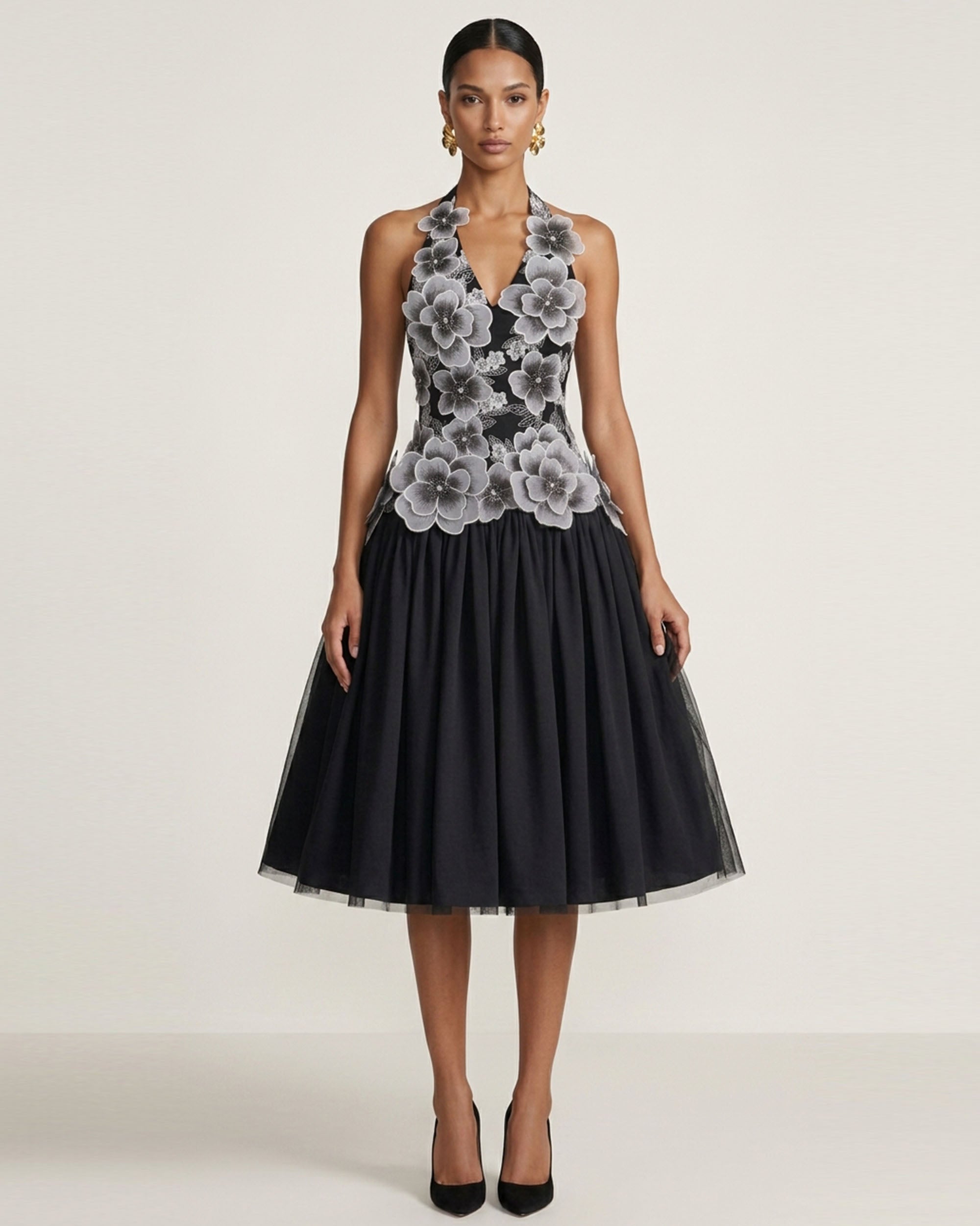 Floral Embroidered Fit-and-Flare Midi Dress - Black