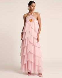 Orchid Embroidered Halter Layered Ruffle Maxi Dress - Blush Pink