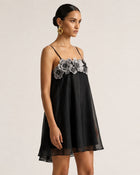 Floral Embroidered Sheer Swing Dress - Black