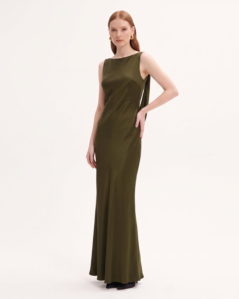 Tulip Appliqué Cowl-Back Satin Column Maxi Dress - Olive Green