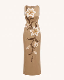 Lily Floral Print Sleeveless Column Maxi Dress - Mocha Brown