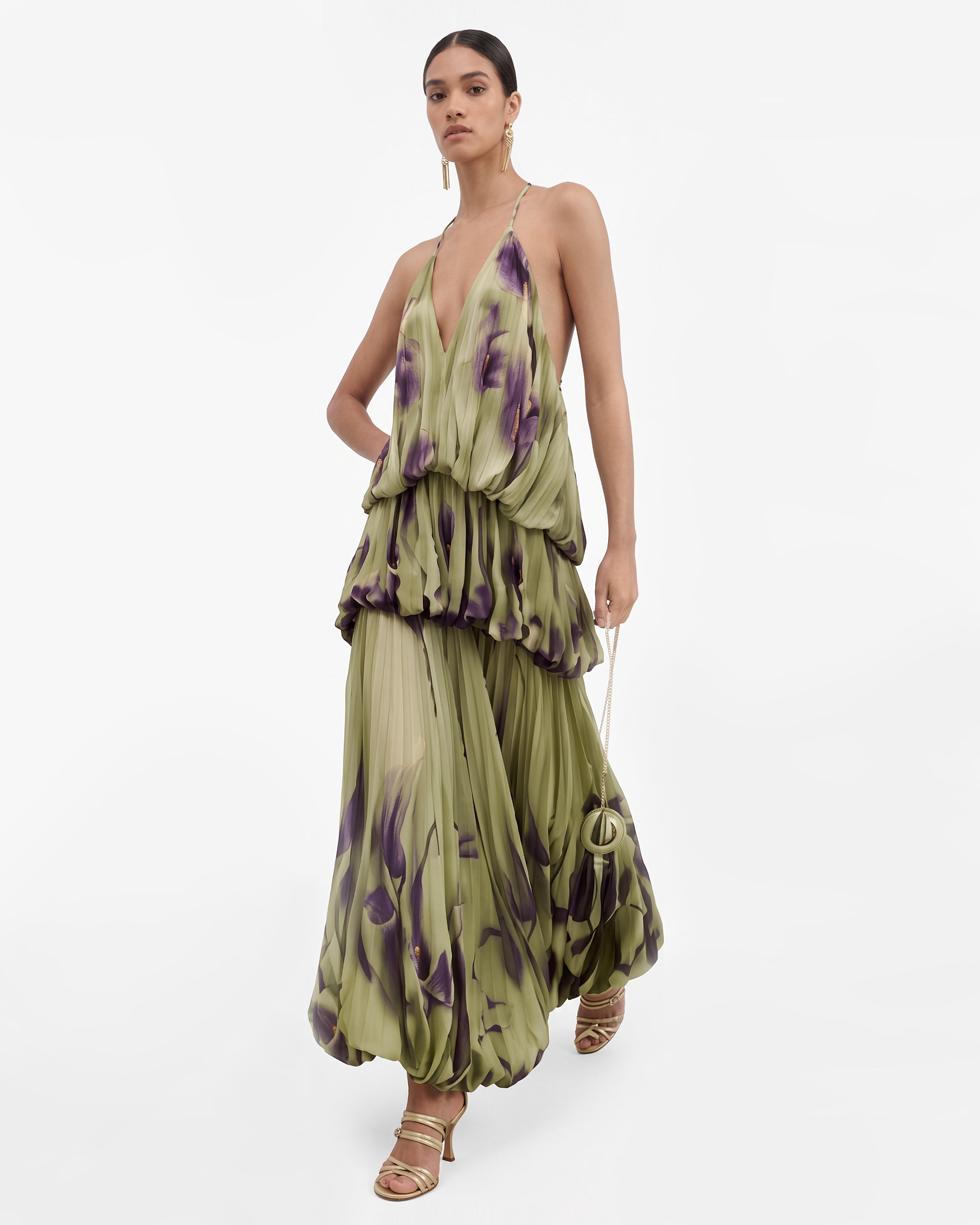 Floral Print Plunge-Neck Tiered Bubble-Hem Maxi Dress - Olive Green
