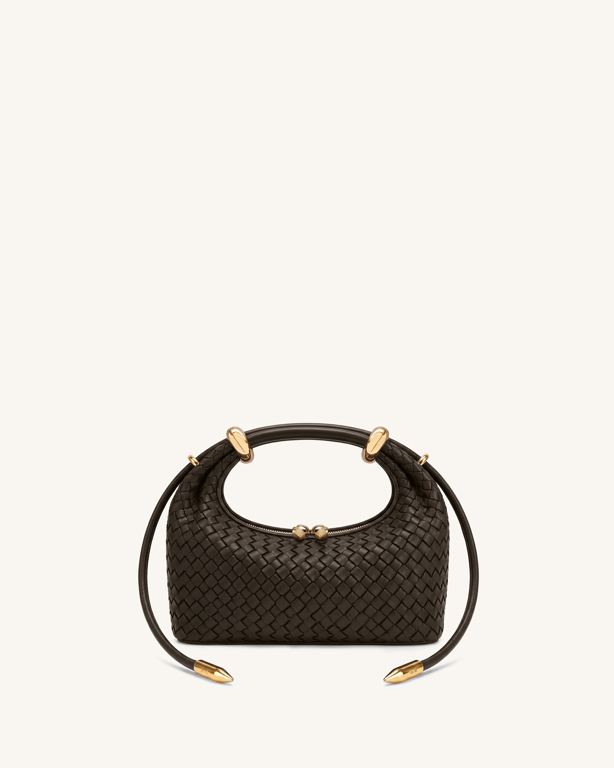 Ellie Woven Metal Ring Embellished Top Handle Bag - Dark Brown