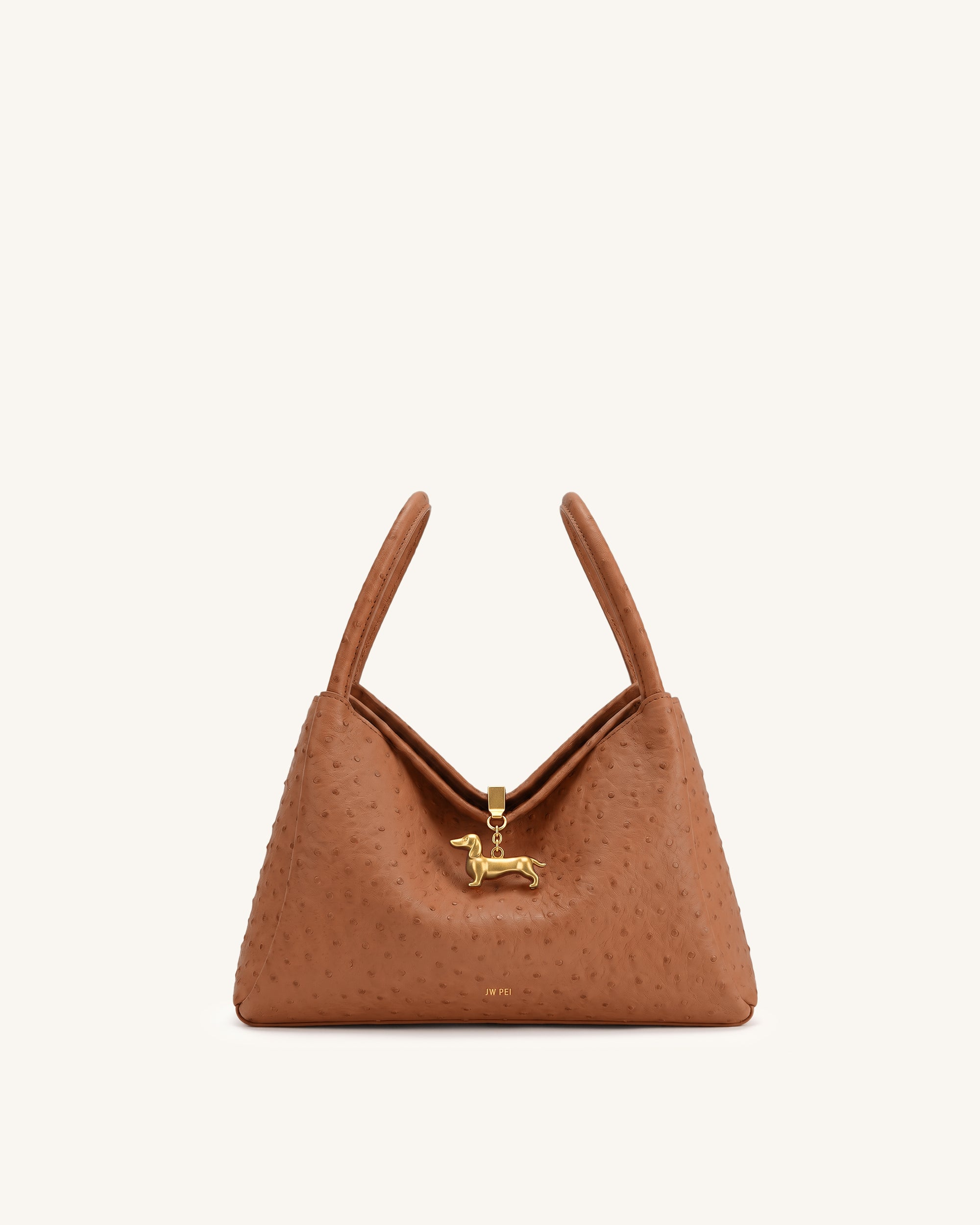 Maelle Faux Ostrich Grain Dachshund Charm Double Handle Bag - Caramel Brown