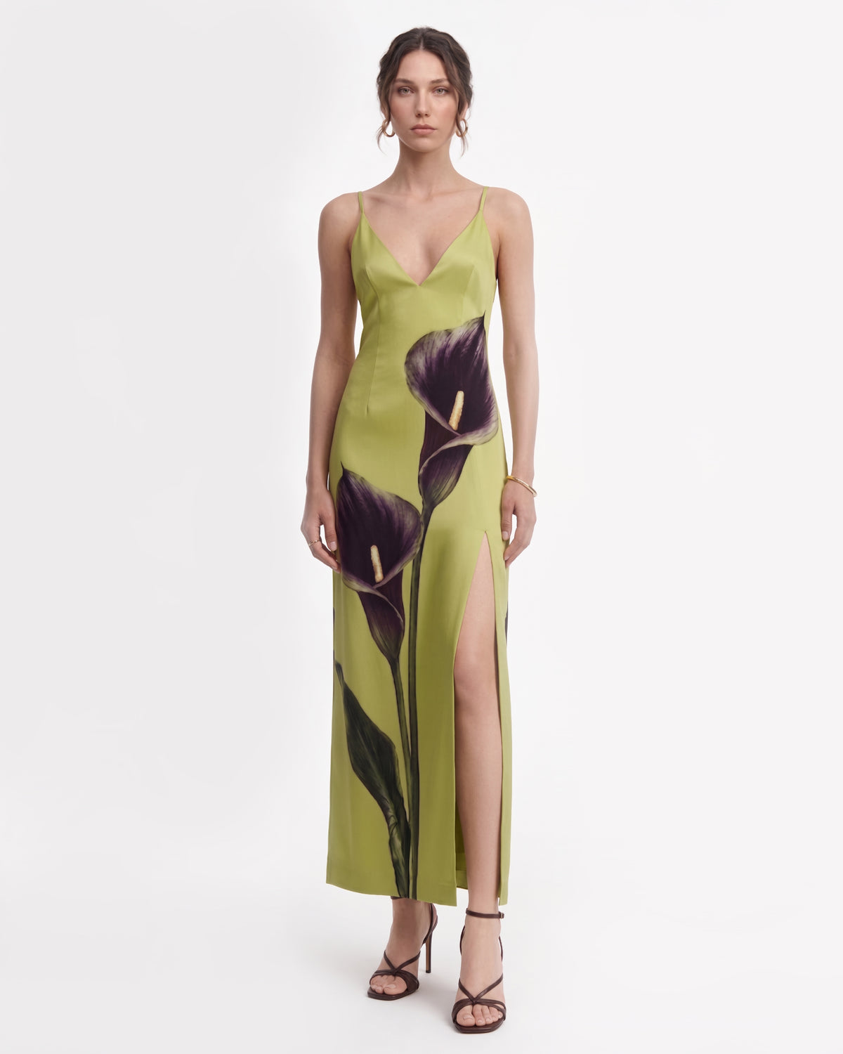 Calla Lily Cami Slit Satin Maxi Dress - Lime Green