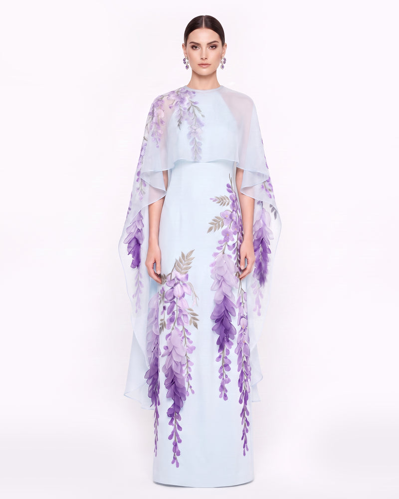 Wisteria Chiffon Cape Maxi Dress - Light Blue