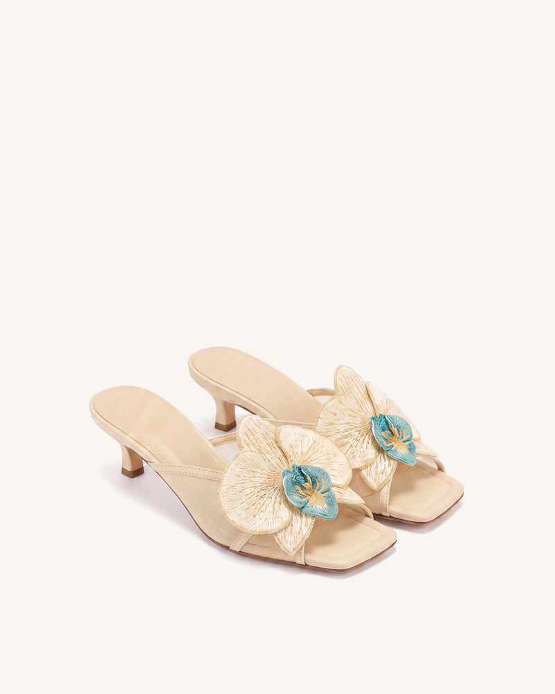 Serena Oversized Orchid Embroidered Mules - Apricot