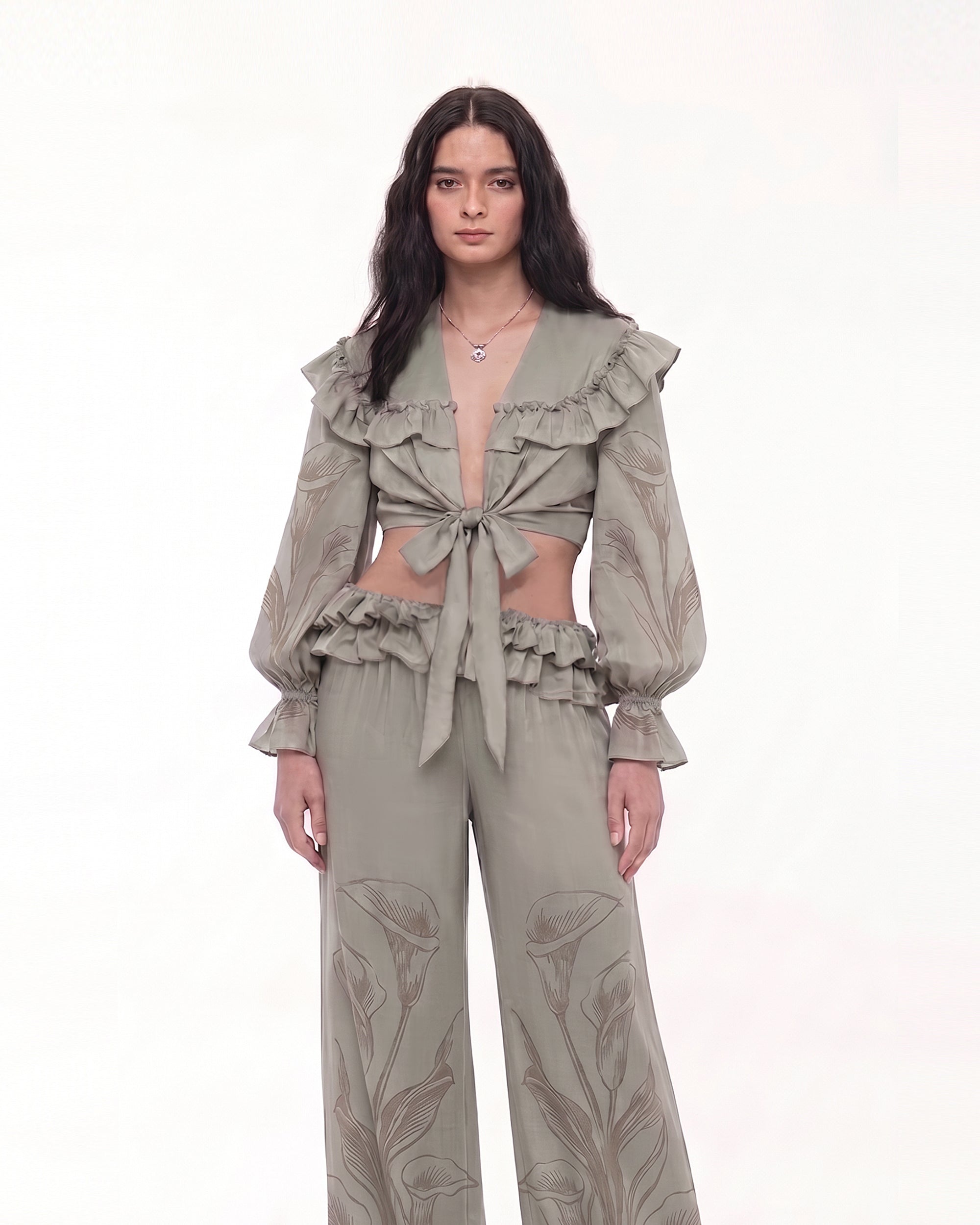 Calla Lily Ruffle Tie-Front Crop Blouse - Sage Green