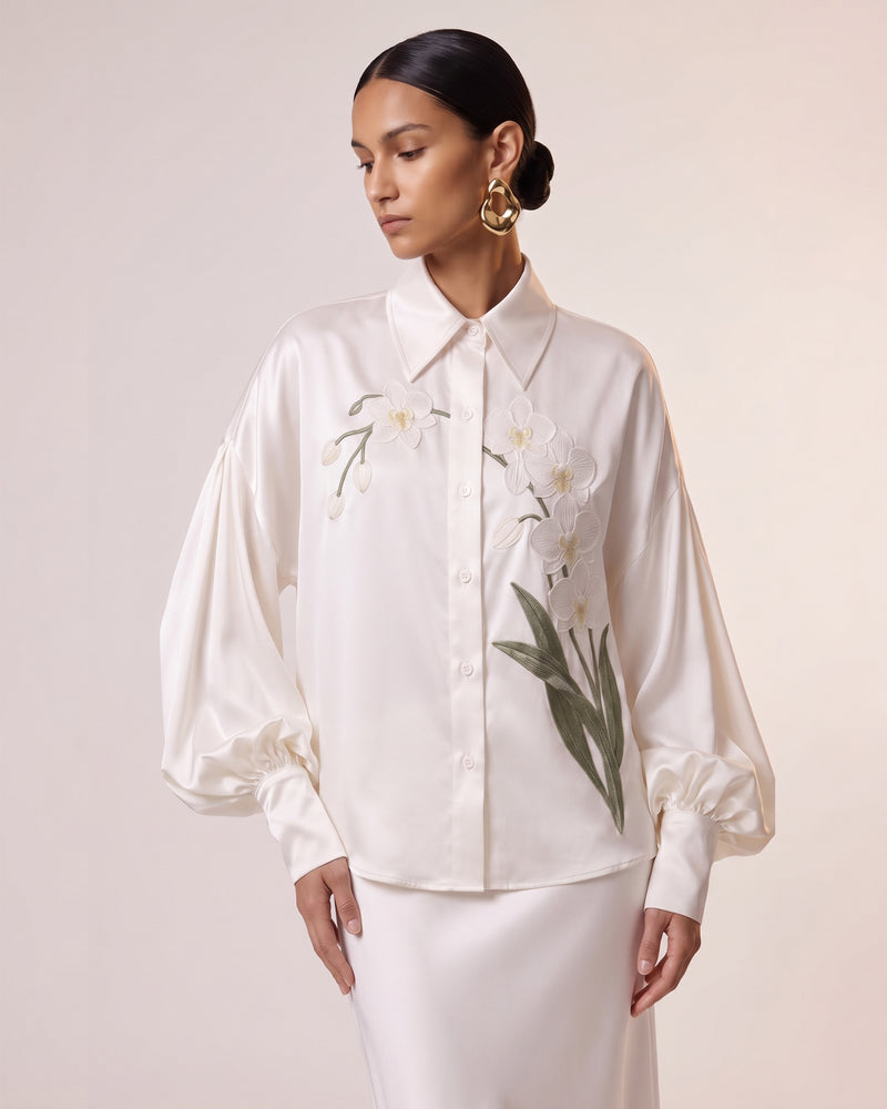 Satin Orchid-Embroidered Puff-Sleeve Shirt - White