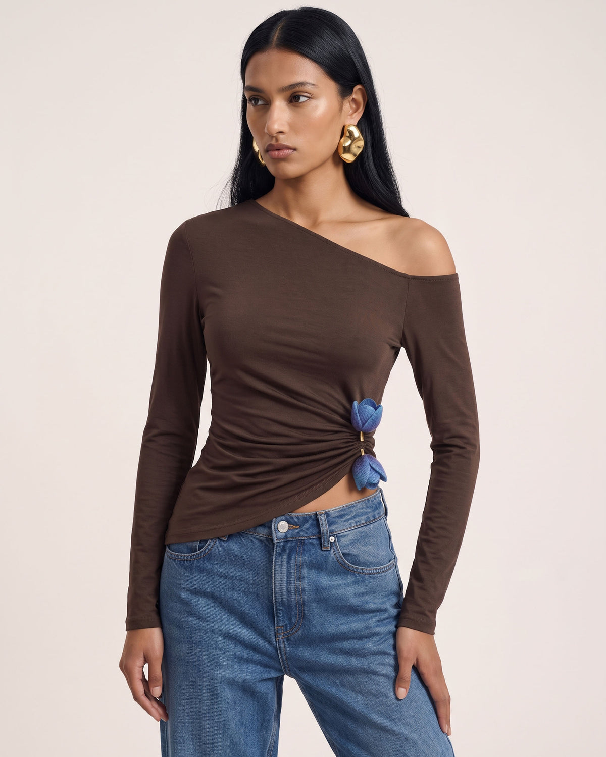 3D Embroidered Tulip Off-Shoulder Ruched Top - Brown