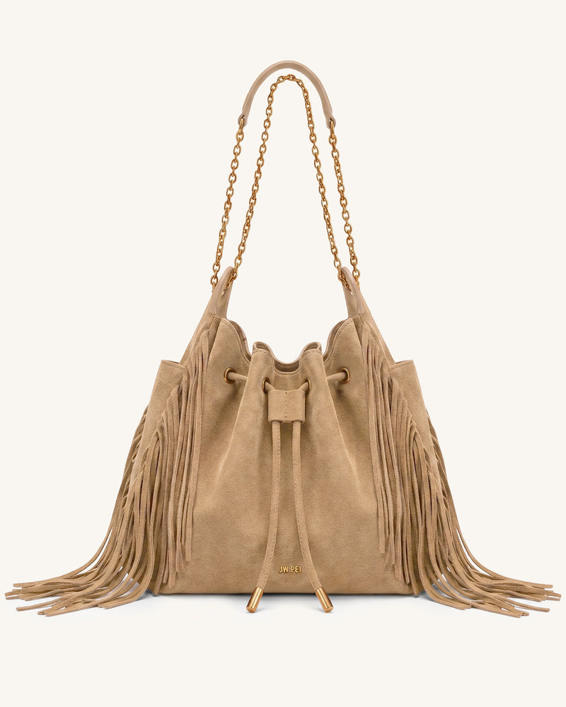 Rowan Faux Suede Tassel Ruched Drawstring Chain Bucket Bag - Oat Brown