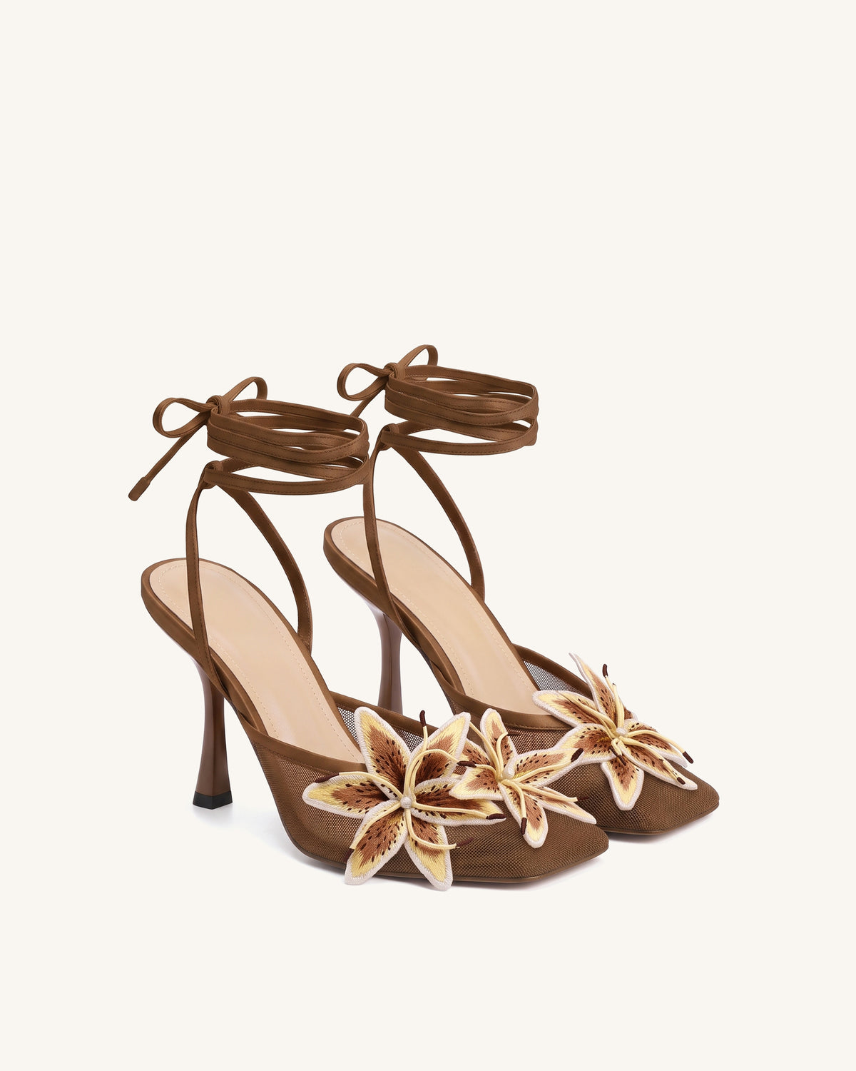 Isadora Lily Floral Heeled Mules - Brown