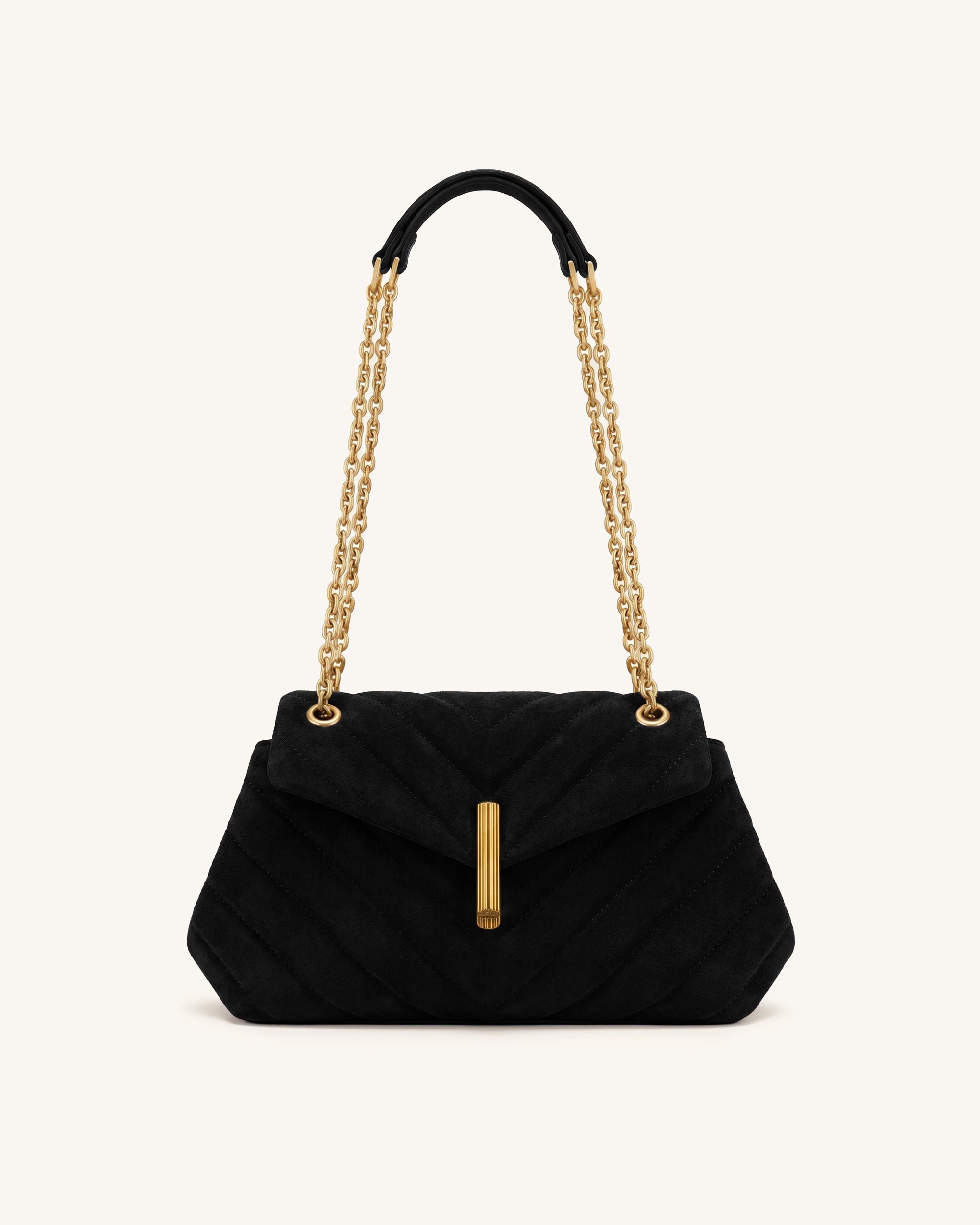 Valerie Faux Suede Quilted Chain Flap Shoulder Bag - Black