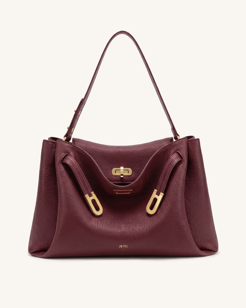 Rhea Large Pebbled Double Buckle Shoulder Bag - Claret