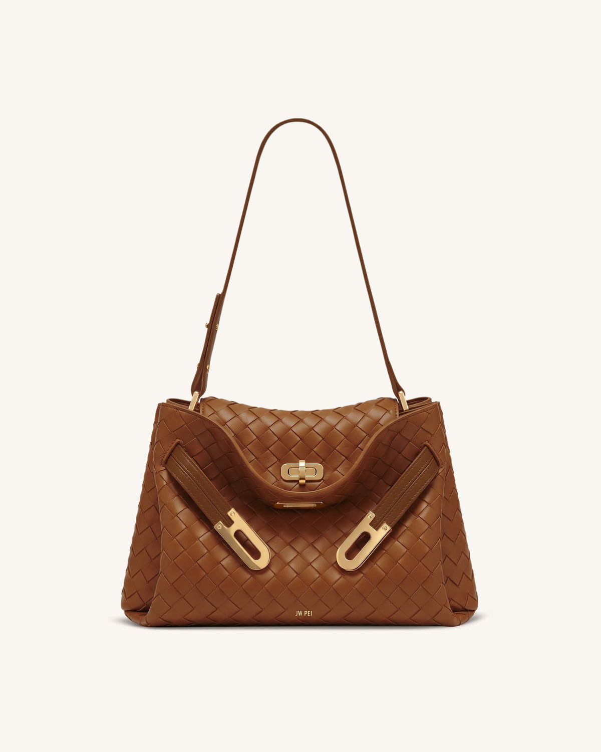 Rhea Woven Texture Double Buckle Shoulder Bag - Whisky Brown