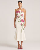 Rose Embroidered Halter-Neck Midi Dress - Off White