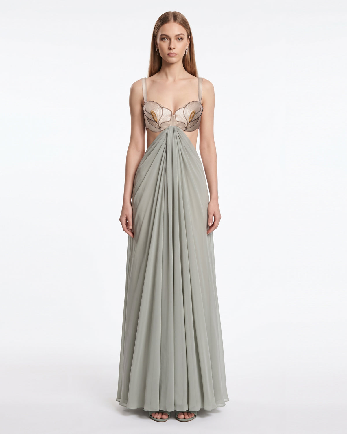 3D Floral Cutout Draped Maxi Dress - Sage Green
