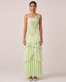 Orchid Embroidered Ruffled One-Shoulder Maxi Dress - Light Green
