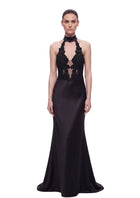 Floral Lace Halter Plunge-Neck Satin Maxi Dress - Black