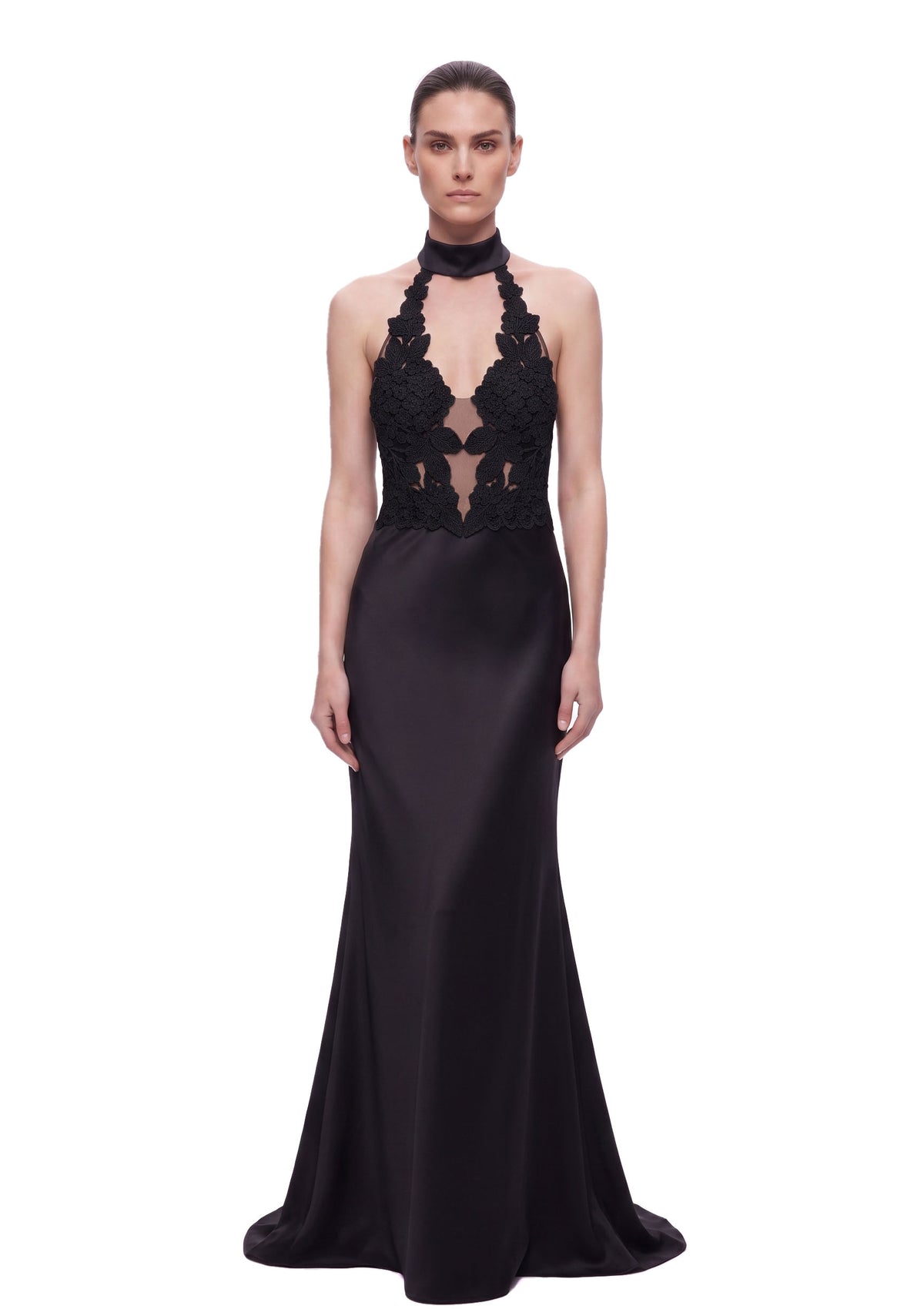 Floral Lace Halter Plunge-Neck Satin Maxi Dress - Black