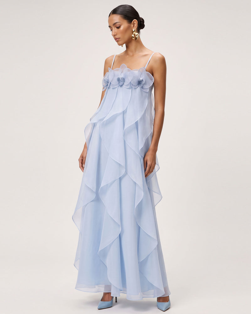 Orchid Embroidered Organza Maxi Dress - Light Blue