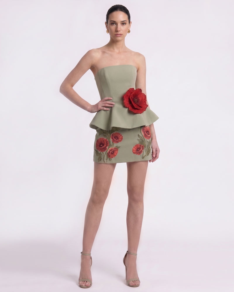 Corn Poppy 3D Flora Peplum Mini Dress - Sage Green