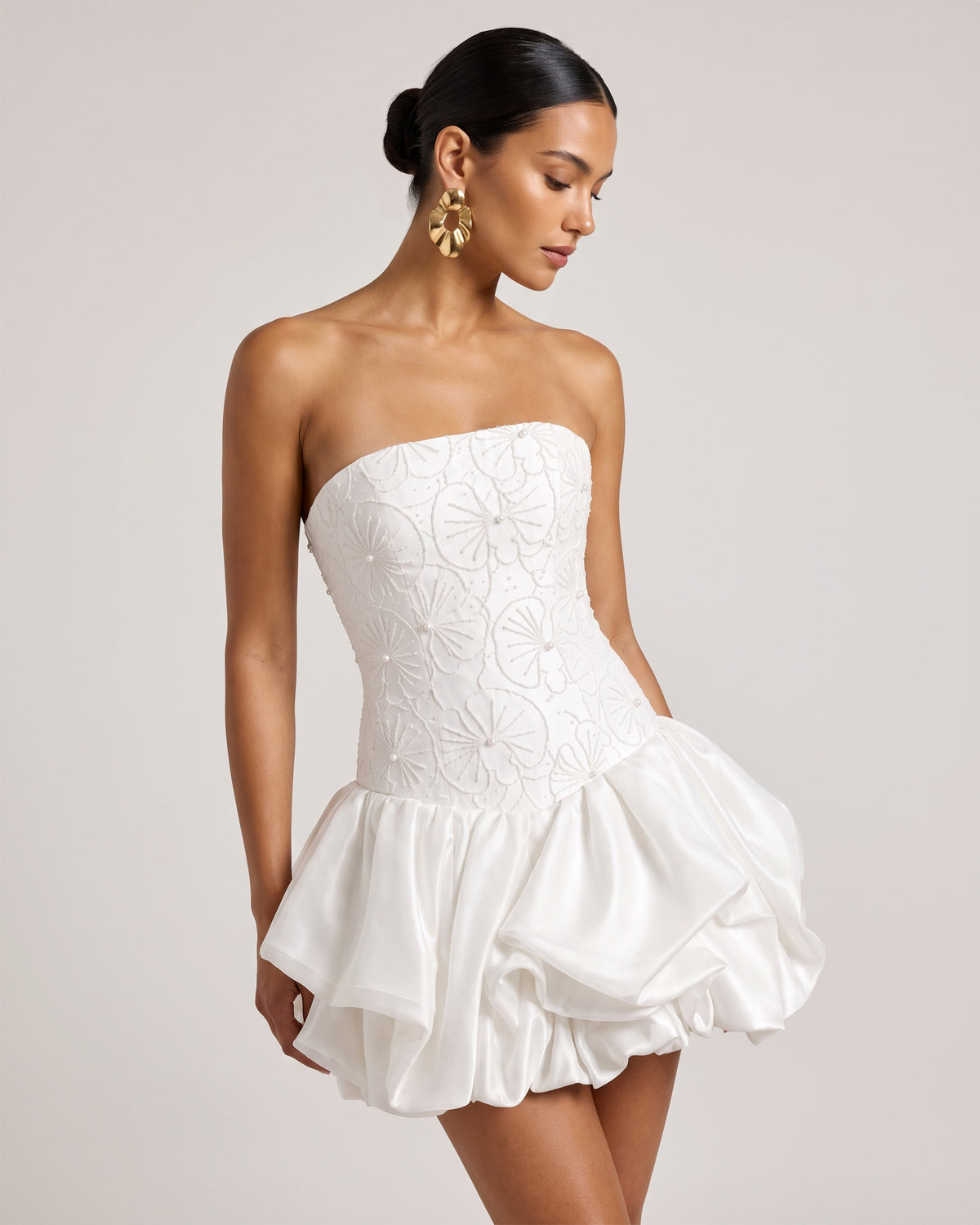 Orchid Beaded Embroidered Strapless Bubble Hem Mini Dress - White