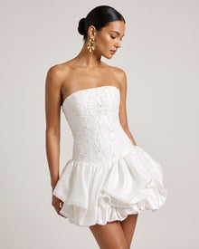 Orchid Beaded Embroidered Strapless Bubble Hem Mini Dress - White