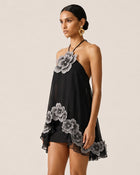 Floral Embroidered High-Low Halter Top - Black
