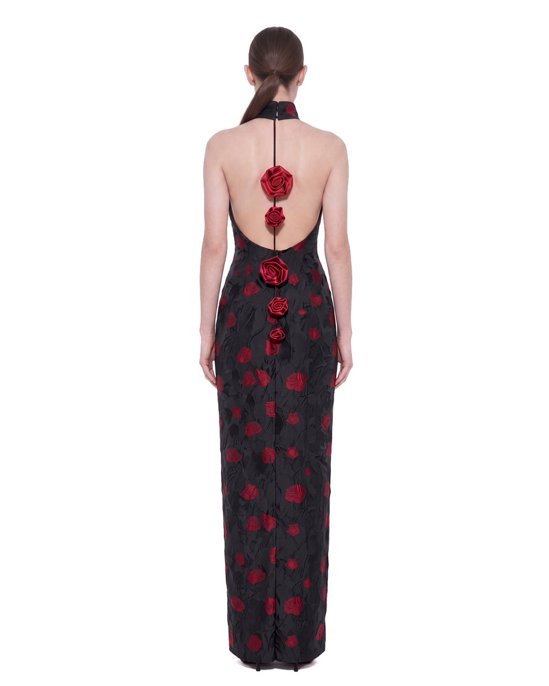 Floral Jacquard Halter Open-Back Maxi Dress - Black & Red