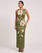 Lily Floral Print Sleeveless Column Maxi Dress - Yellowish Green