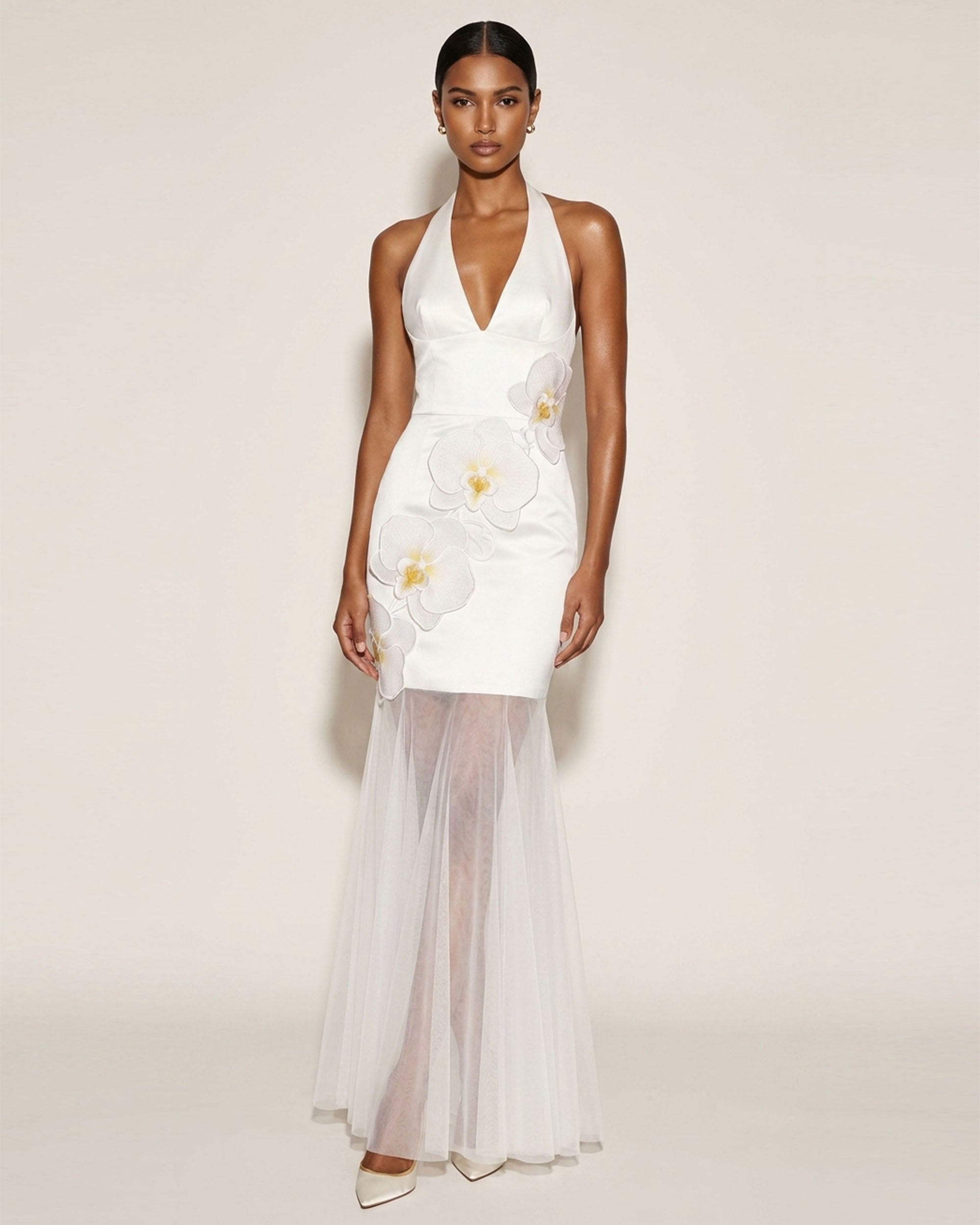 Orchid Embroidered Sheer Hem Halter Maxi Dress - White