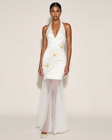 Orchid Embroidered Sheer Hem Halter Maxi Dress - White