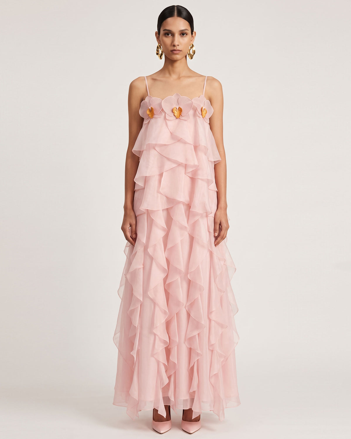 Floral Trim Layered Ruffle Spaghetti Strap Maxi Dress - Blush Pink