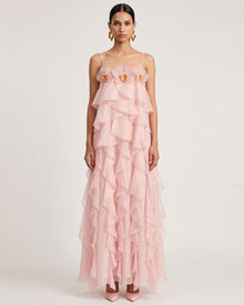 Floral Trim Layered Ruffle Spaghetti Strap Maxi Dress - Blush Pink