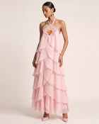 Orchid Embroidered Halter Layered Ruffle Maxi Dress - Blush Pink