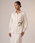 Satin Long-Sleeve Shirt with Orchid Embroidery - Ivory White