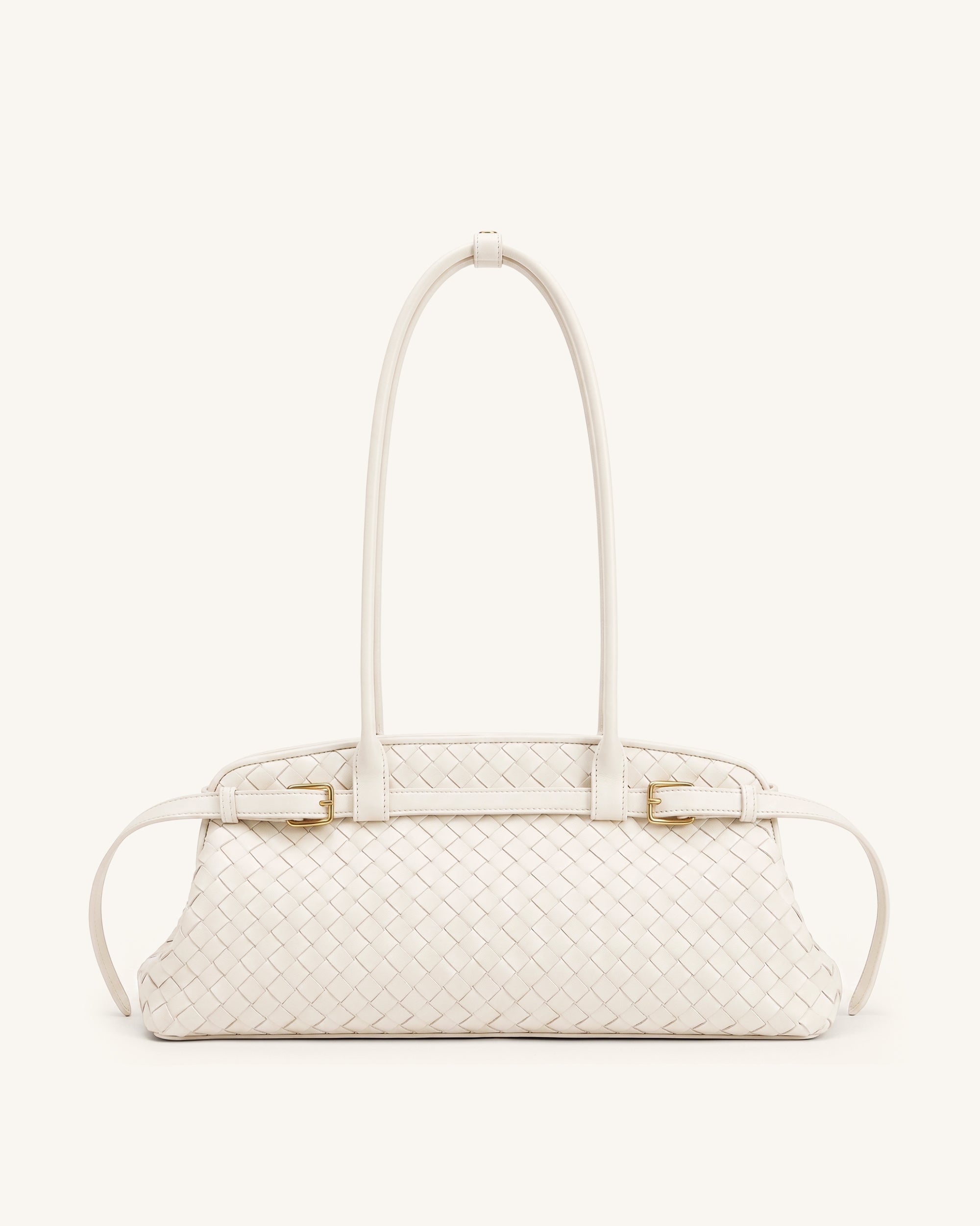 Arden Woven Belt Detail East-West Shoulder Bag - Cream White