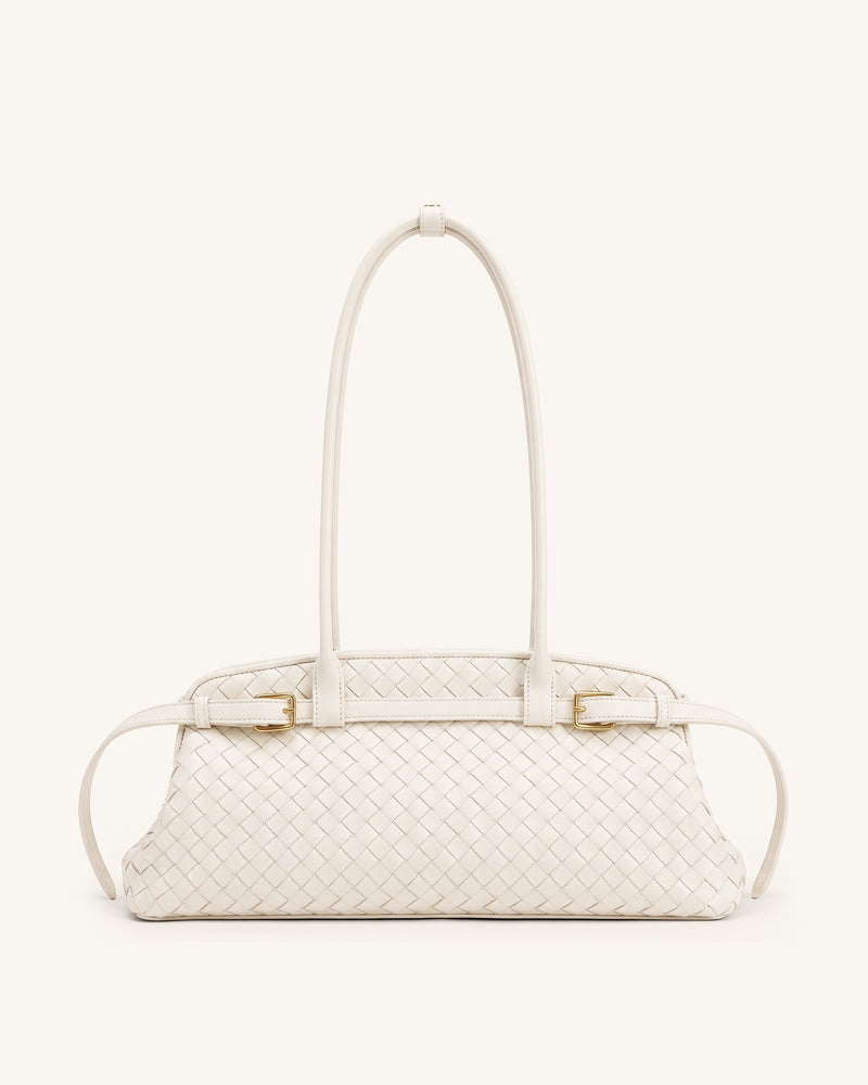 Arden Woven Belt Detail East-West Shoulder Bag - Cream White