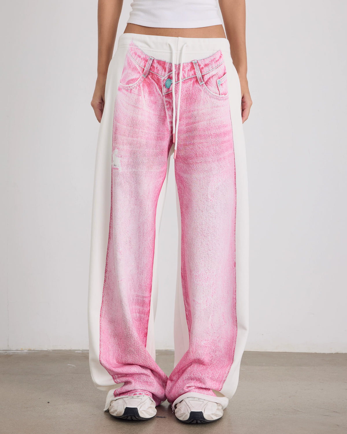 Printed Drawstring Wide Leg Pants - Pink and White
