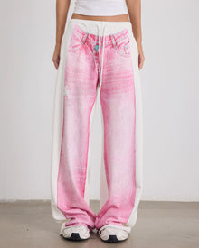Printed Drawstring Wide Leg Pants - Pink and White
