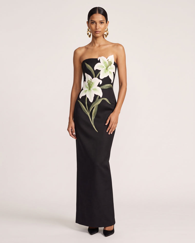 Lily Embroidered Strapless Column Maxi Dress - Black