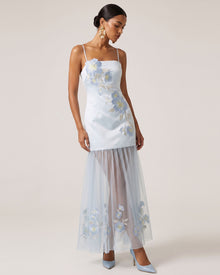 Floral Embroidered Sheer Overlay Maxi Dress - Light Blue