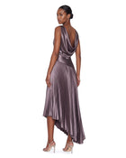 Satin Cowl-Back Pleated Asymmetric Midi Dress - Mauve
