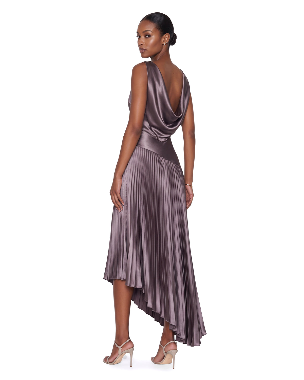 Satin Cowl-Back Pleated Asymmetric Midi Dress - Mauve