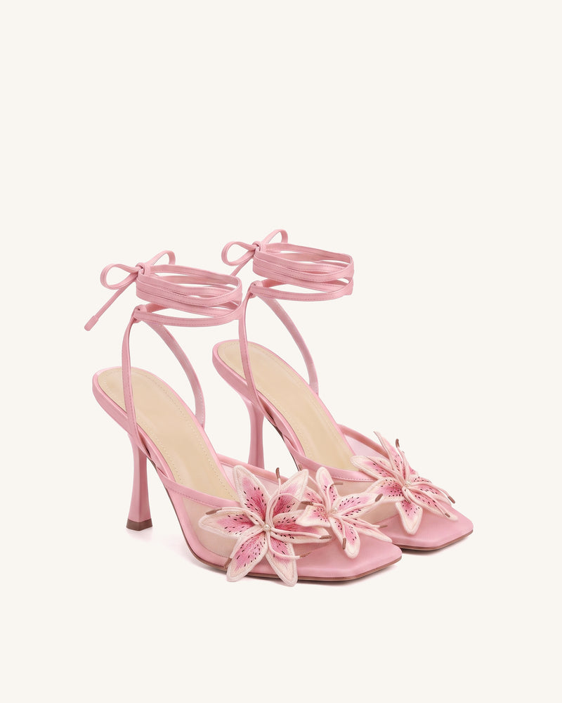 Isadora Lily Floral Mesh Lace-Up Stiletto Sandals - Pink